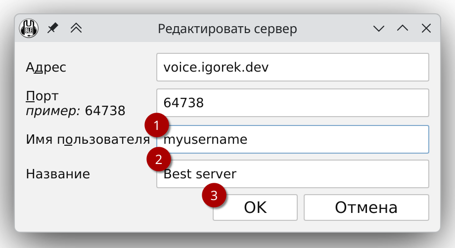 Окно редактирования сервера
